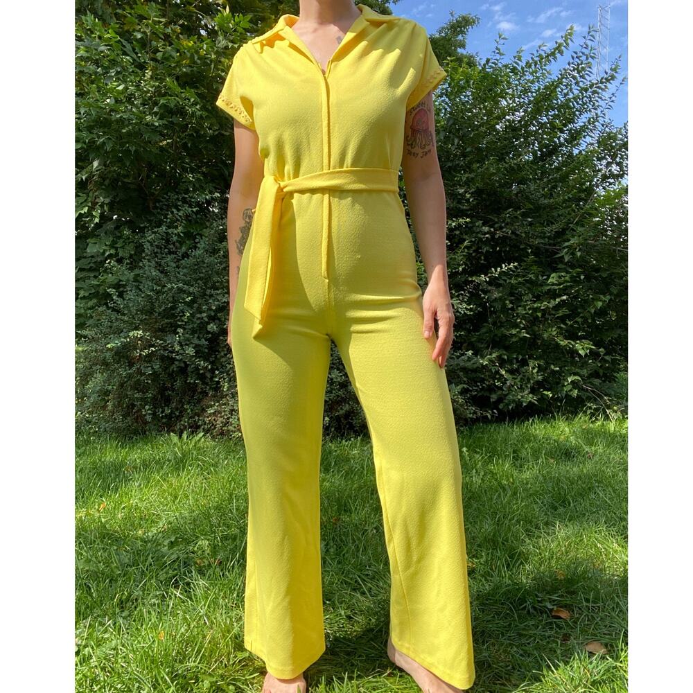 Size S-L//vintage 70s Yellow Polyester Wide Leg Jumpsuit